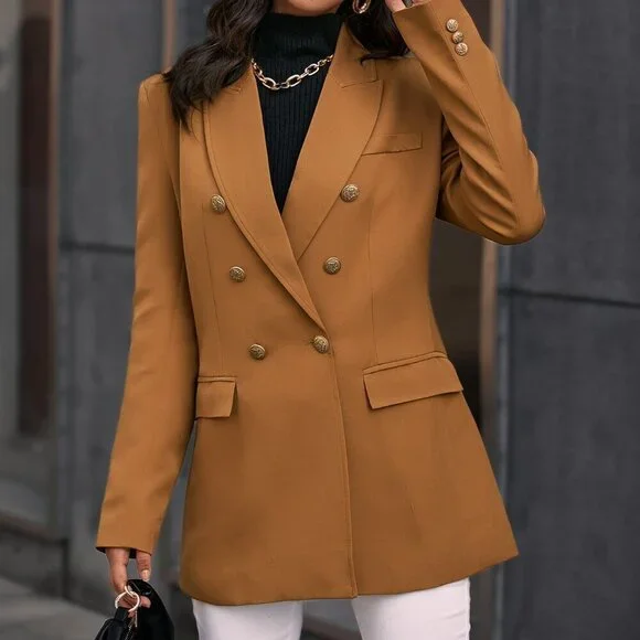 Khaki Elegant Women's Double Breasted Flap Detail Blazer Workwear - Picture 5 of 6